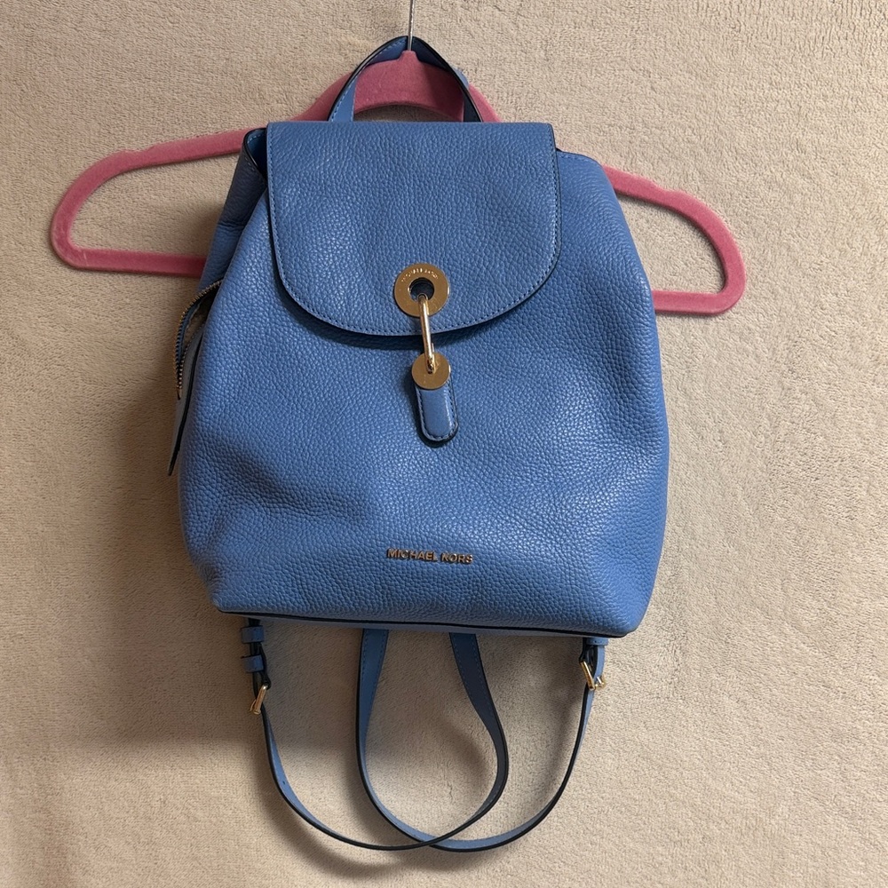 Michael Kors Sky Blue Pebbled Leather Backpack with Gold Hardware